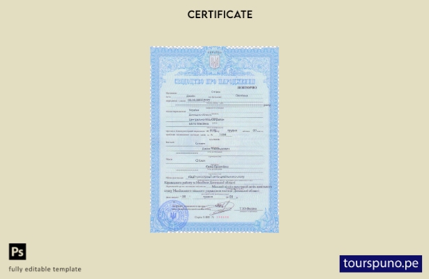 Plantilla de certificado de nacimiento de Ucrania lista para imprimir en formato